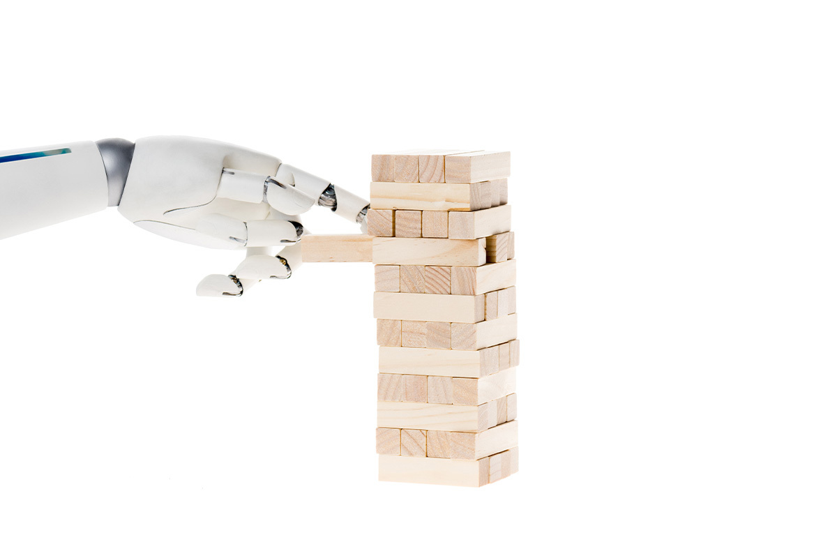 da-SEO-tradizionale-ad-AI-SEO Da SEO tradizionale ad AI SEO. Nell'immagine una mano di un'intelligenza artificiale estrae un rettangolo di legno nella parte centrale di una colonna di legnetti rettangolari con facilità.