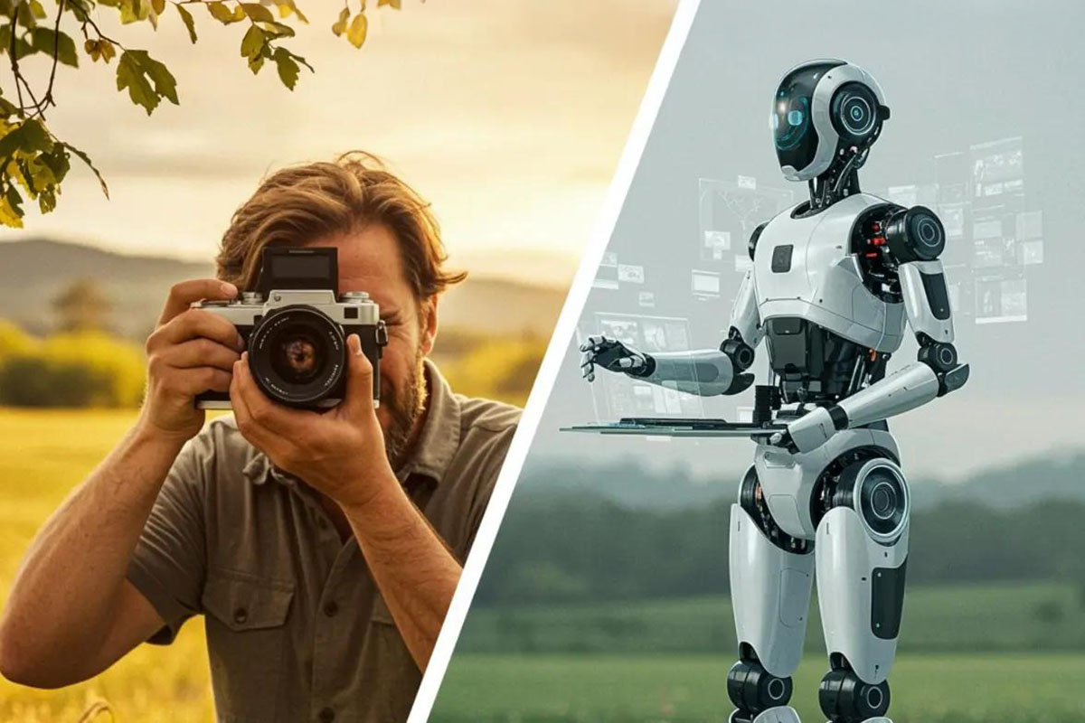 Immagine generata con AI. Il confronto tra un fotografo e un robot.
