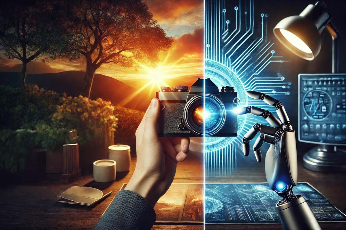 immagini-generate-con-AI Immagine generata con l'AI. Metà foto con una mano umana che tiene in mano una macchina fotografica in mezzo alla natura e l'altra metà della foto la mano di un robot che tiene in mano l'altra metà della macchina fotografica in uno studio futuristico.